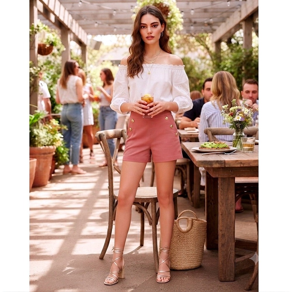 NWT Jones New York Sailor Shorts Womens Large Rose Pink Gold Button 4" High Rise